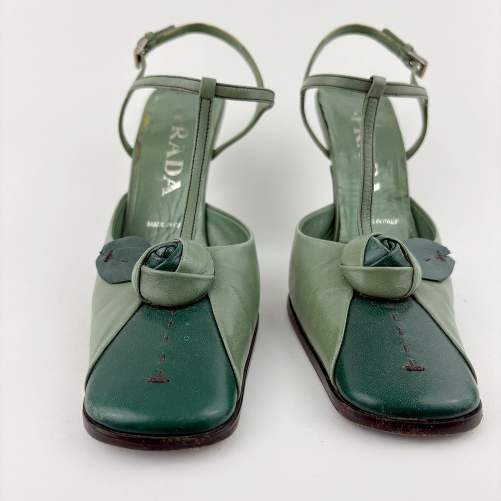 Vintage Prada Green Leather Rose T Strap Heels Size 36 Floral Knot Square Toe - Picture 4 of 14